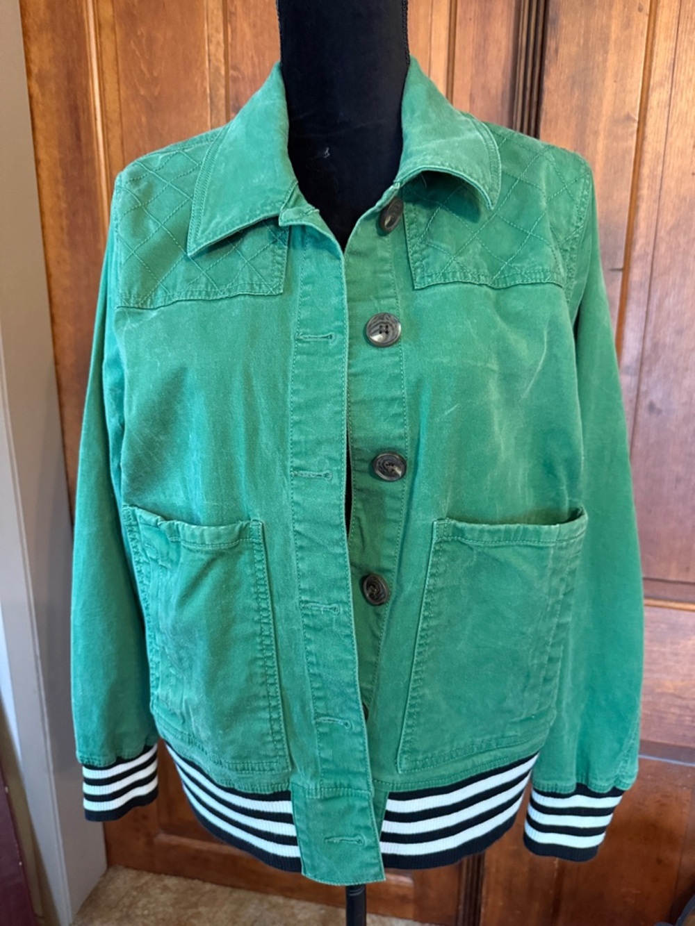 CAbi Green Button-Front Bomber Jacket with Striped Hem